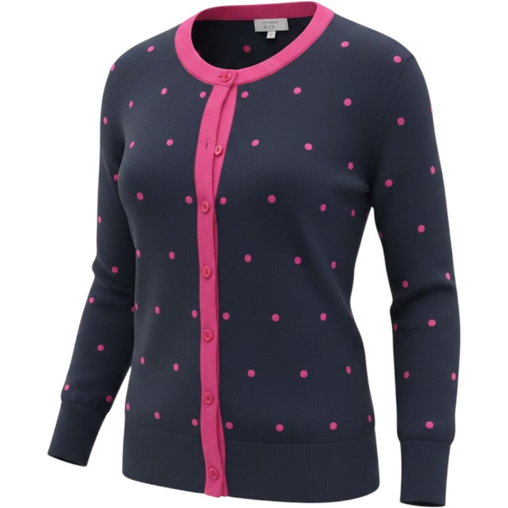 Crown & Ivy Navy Blue Pink Polka Dot Cotton Long Sleeve Cardigan Sweater Medium